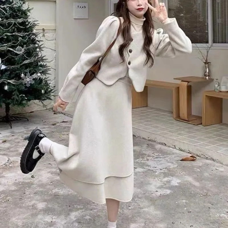 Temperament Fashion Woolen Coat Irregular Skirt Two-piece Set Lady O-neck Single Breasted Sweet Celebrity Solid Slim Winter Suit