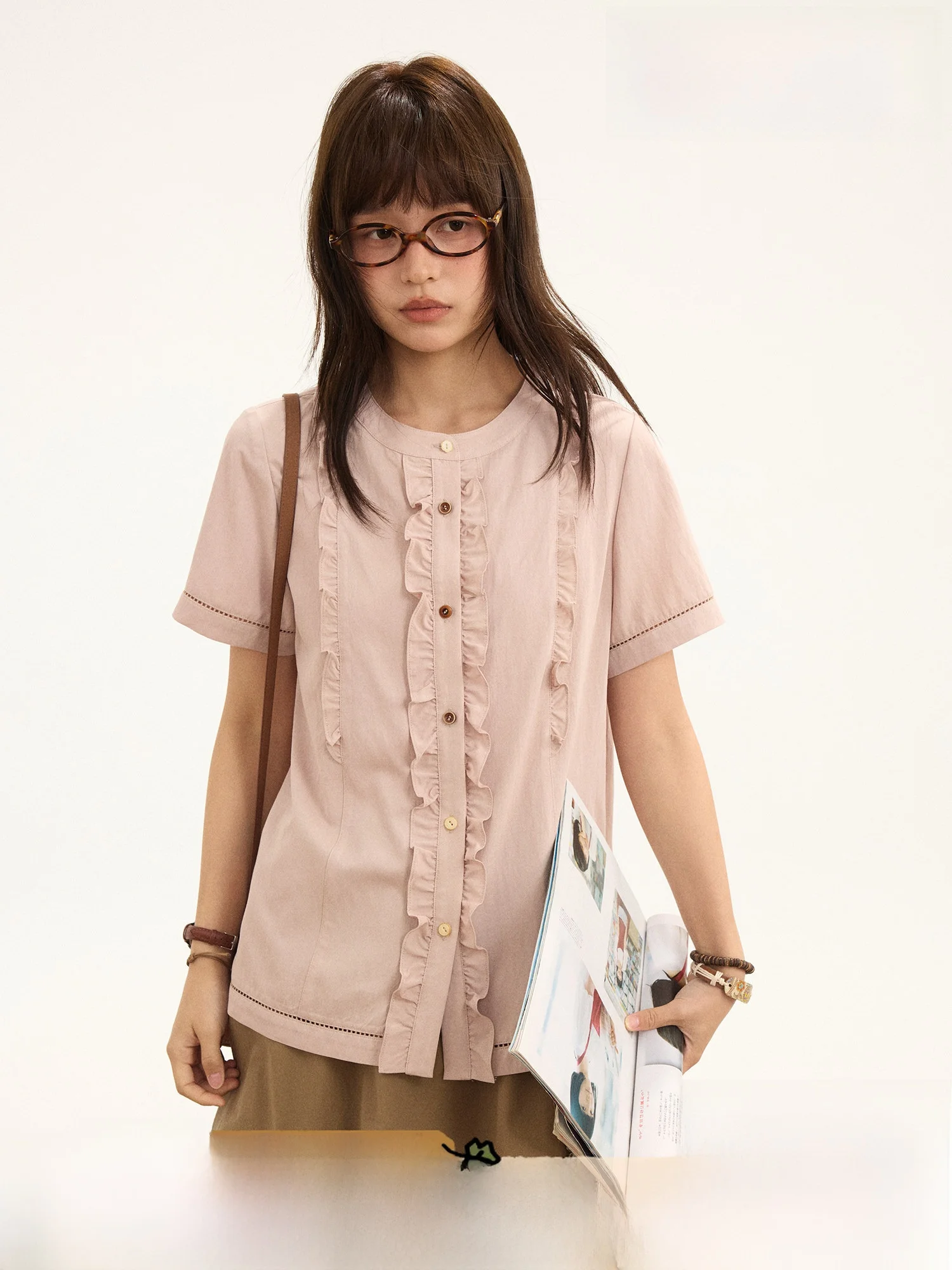 

Retro Texture Color Block Short Sleeve Casual Shirt Wooden Collar Breathable Polyester Blend Summer Women's Fashion