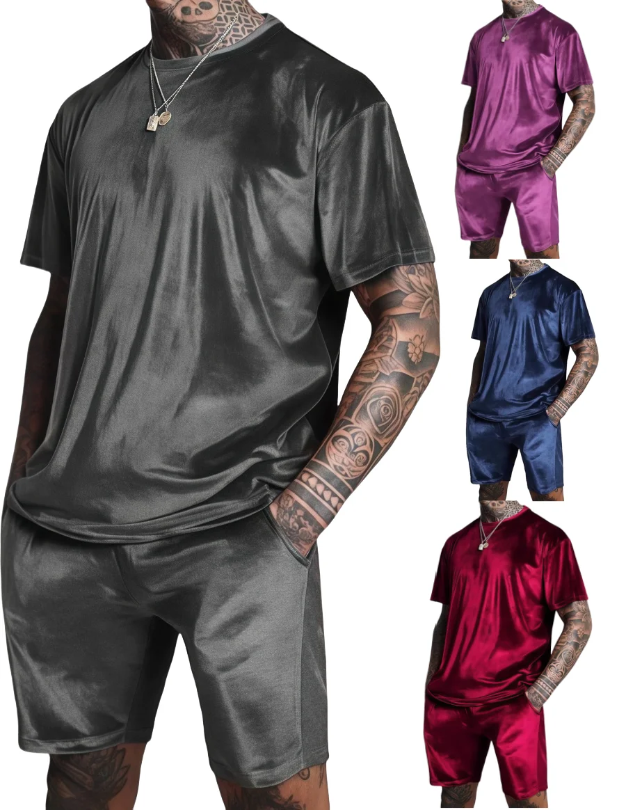 

2025 New solid color sports fitness clothing casual running basketball short sleeve suit de velvet short sleeve men's clothes
