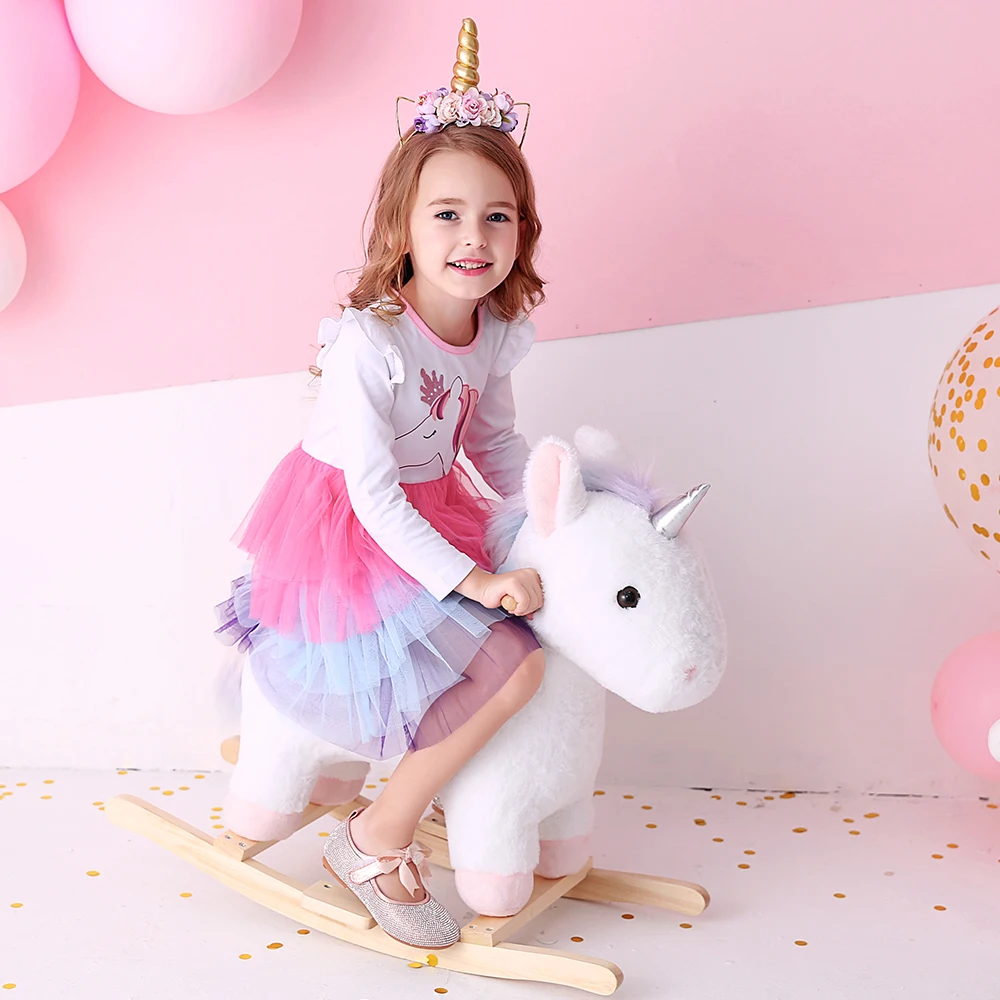 Langarm-Herbst- und Frühlingskleid für Mädchen mit Einhorn-Aufdruck und gestuftem Tüll-Mesh-Tutu-Rock für Kinder, glitzernde Prinzessinnenkleider mit Farbverlauf – Detail 4