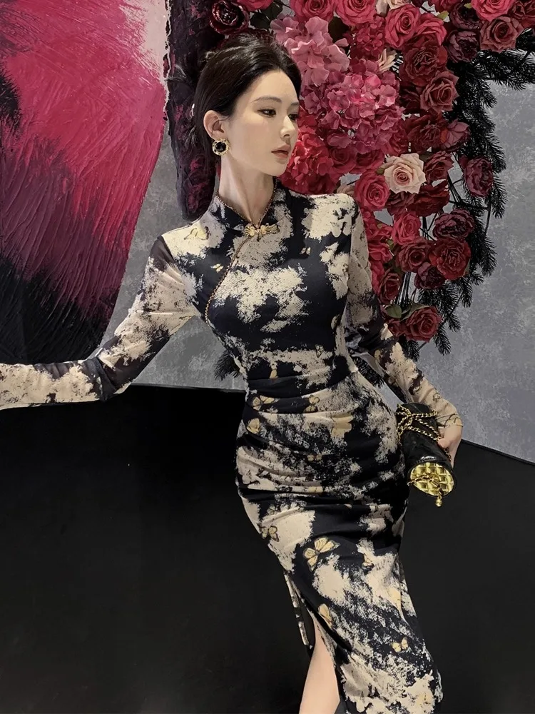 レトロプリントスタンドカラー袍ドレススリムフィットハイスリット花柄中国風ミッドレングス長袖レディースドレス