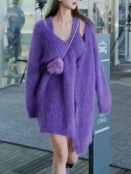 Purple Kawaii New Two Piece Set Women Korean Sweet Sexy Party Fluffy Dress Suit Female Solid Loose Coat + Casual Mini Dress 2024