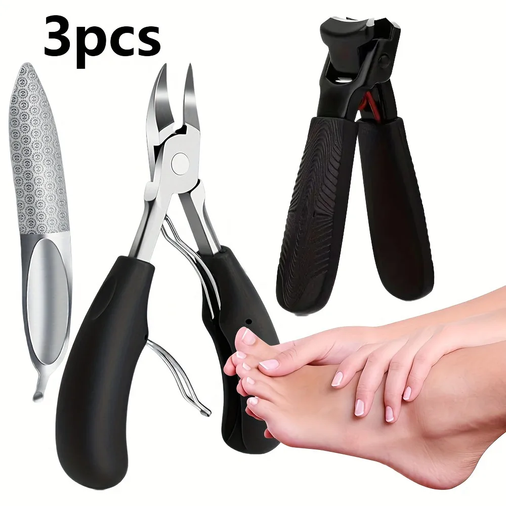 3-teiliges professionelles Pediküre-Set für dicke und eingewachsene Zehennägel – gebogene Zehennagelzange aus Edelstahl, Nagelfeile und Hornhautentferner