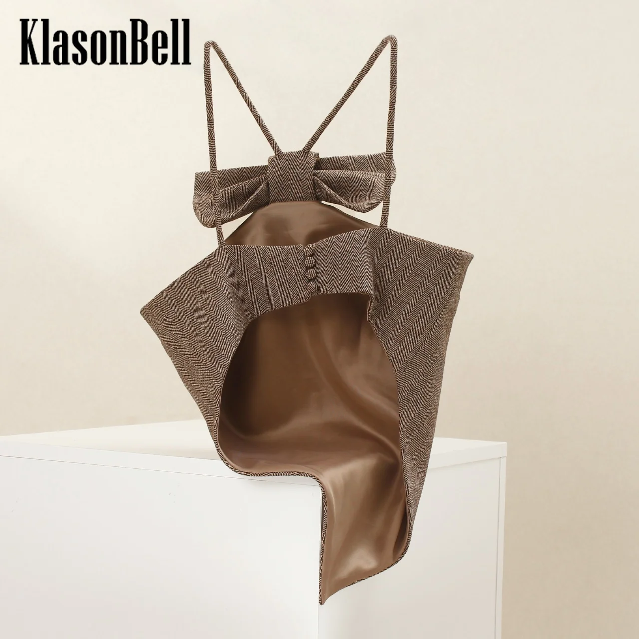 9.24 KlasonBell Women High Street Fashion Bow Ribbon Decoration Vest Wool Blend Sexy Girl Backless Spaghetti Strap Tank Top