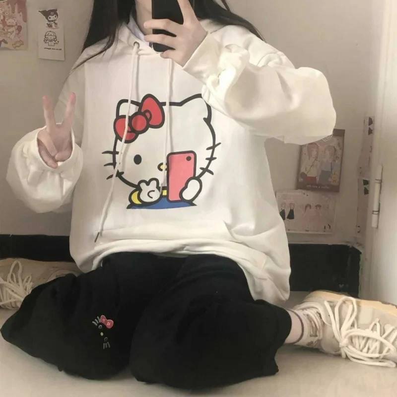 2024 Winter Women\'s Hoodies Fashion Japan Harajuku y2k Luxury Brand MINISO Sanrio Hello Kitty Pattern Warm Long Sleeve Hoodies