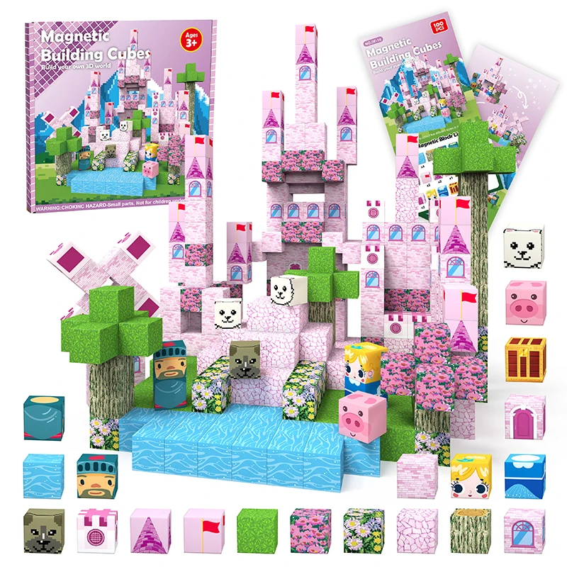 100PCS Magnetic Tiles Building Blocks,Princess Pink Castle Set, STEM Educational Toys for Kids Ages 4-8,Creative Gift for Girls