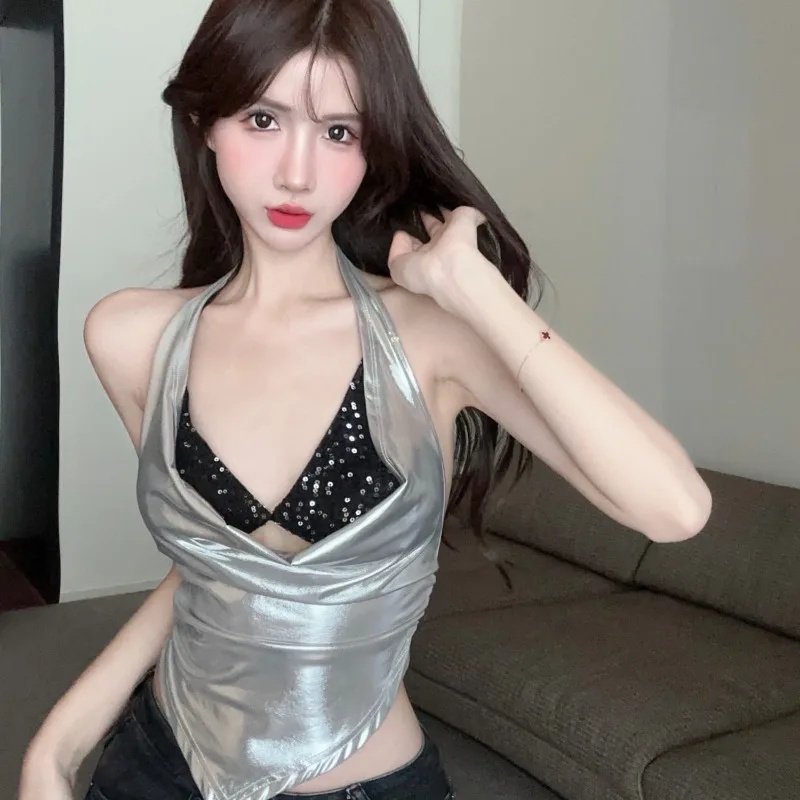 MiiiiX Sexy Hot Girl Sequined Camisole Silver Halter Vest Suit Women Summer Irregular Hem Backless Sheath Shiny Two-piece Set