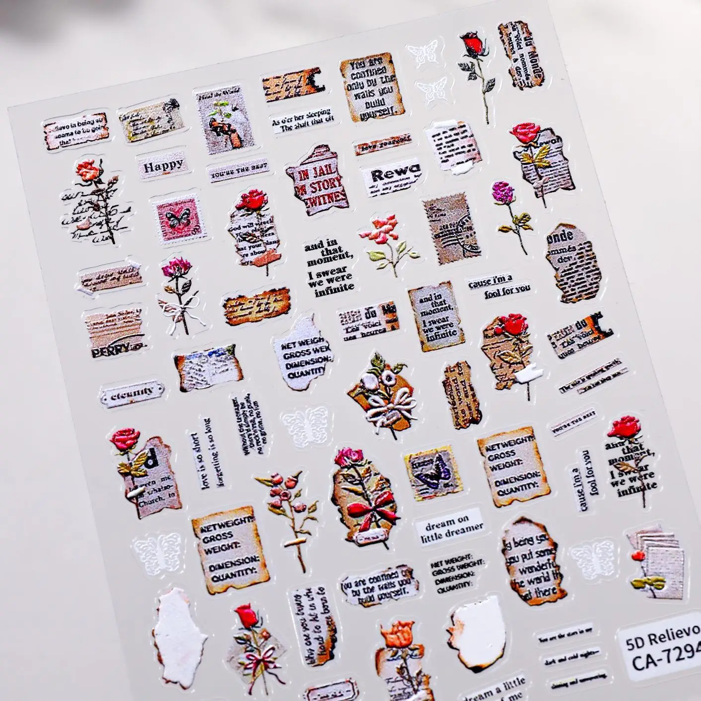 

1PCS 5D Embossed Rose Nail Art Stickers Vintage newspaper clippings Decals Self-Adhesive Slider DIY Manicure Accesory For Girls