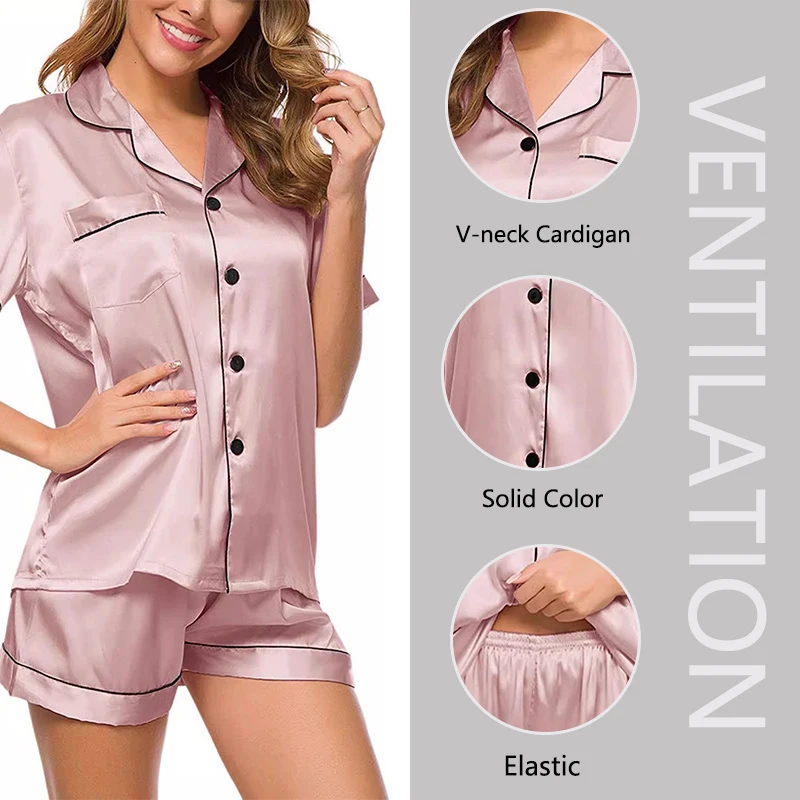 Women\'s Pajamas Set Satin Sleepwear Button down Tops and Shorts Solid 2 Piece Suit Pyjama Ladies Nightwear Loungewear for Summer