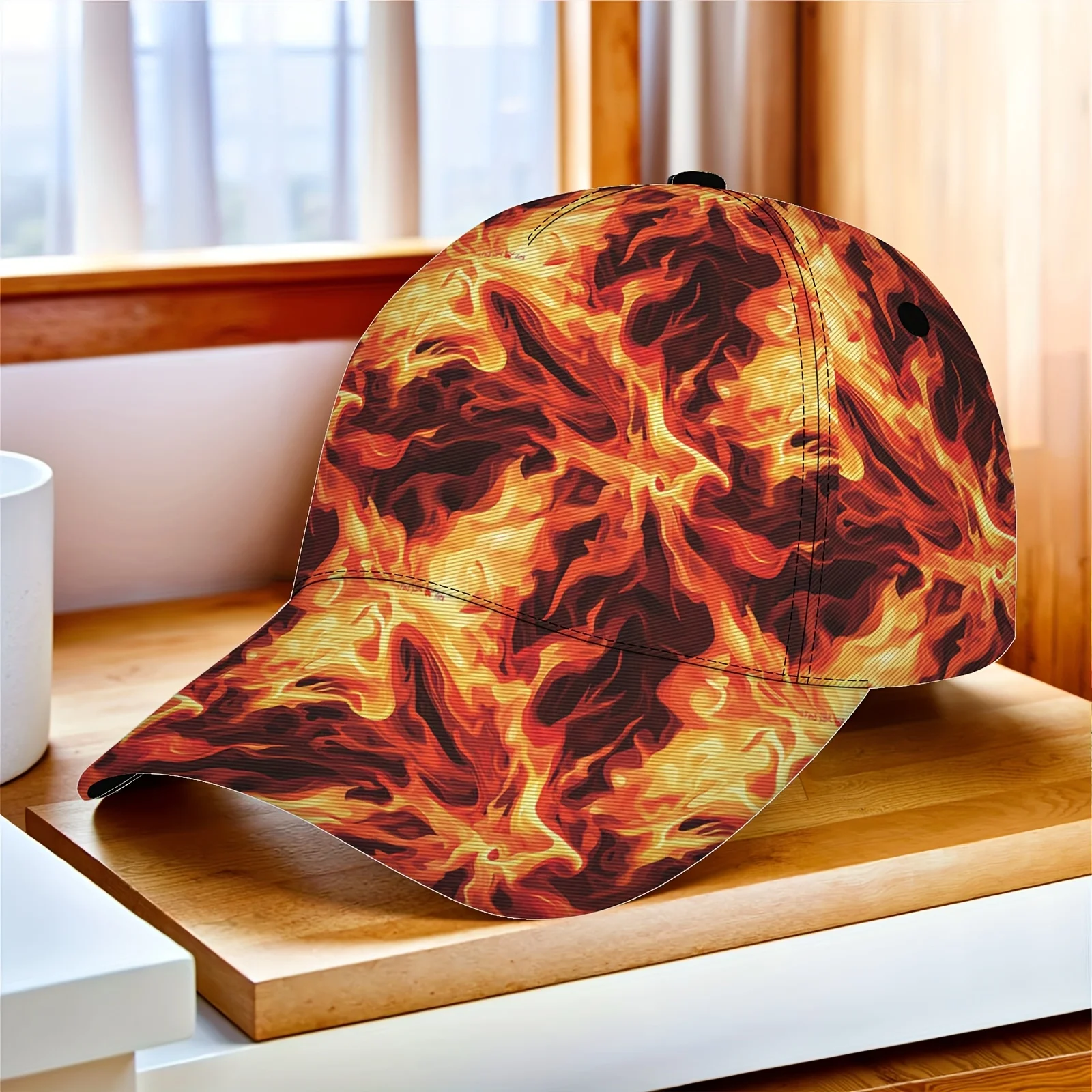 Custom Adjustable Men's Cap Abstract Flame Motivational Art Print Cap Foldable Lightweight Design Vibrant Orange/ Red/ Yellow