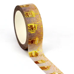 1PC. Decorative Coffee Cups Tea Gold Foil Washi Tape DIY Scrapbooking Planner Adhesive Masking Tape 15mmx10m per tape Stationery