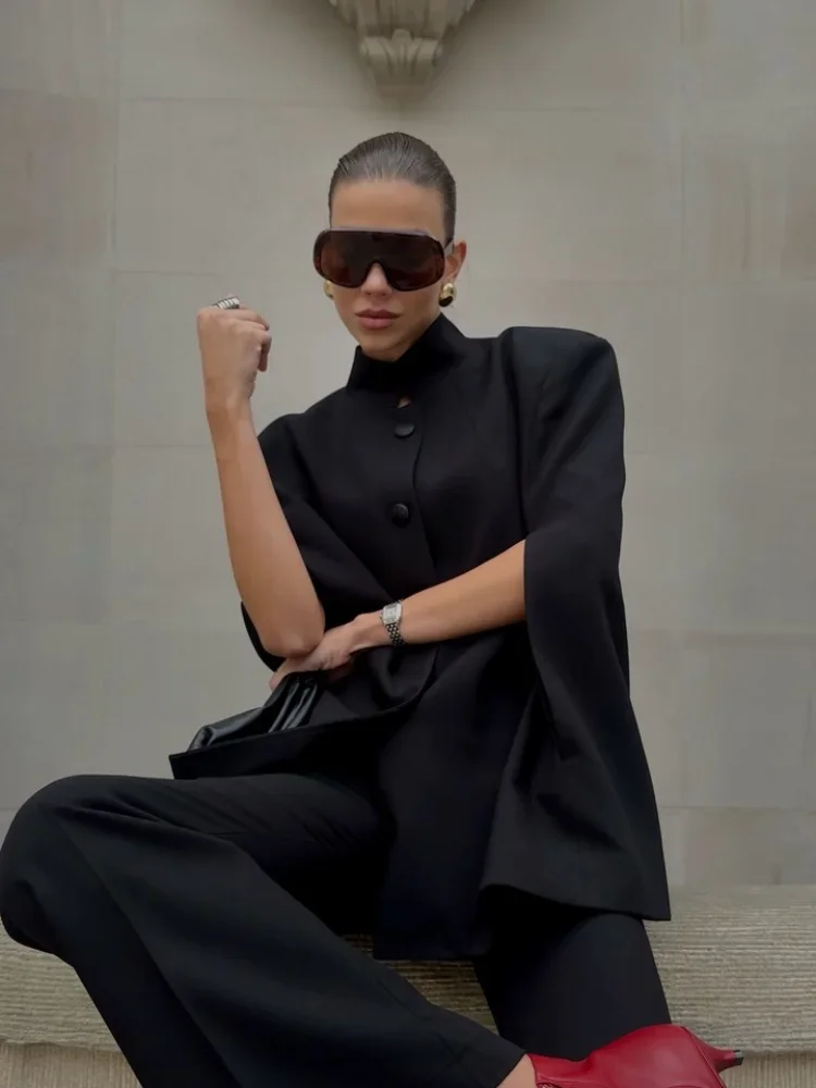 Lady Black Stand Collar Cape Blazer Single Breasted Split Sleeve Loose Oversized Coat Women Autumn Elegant Business Cloak Jacket