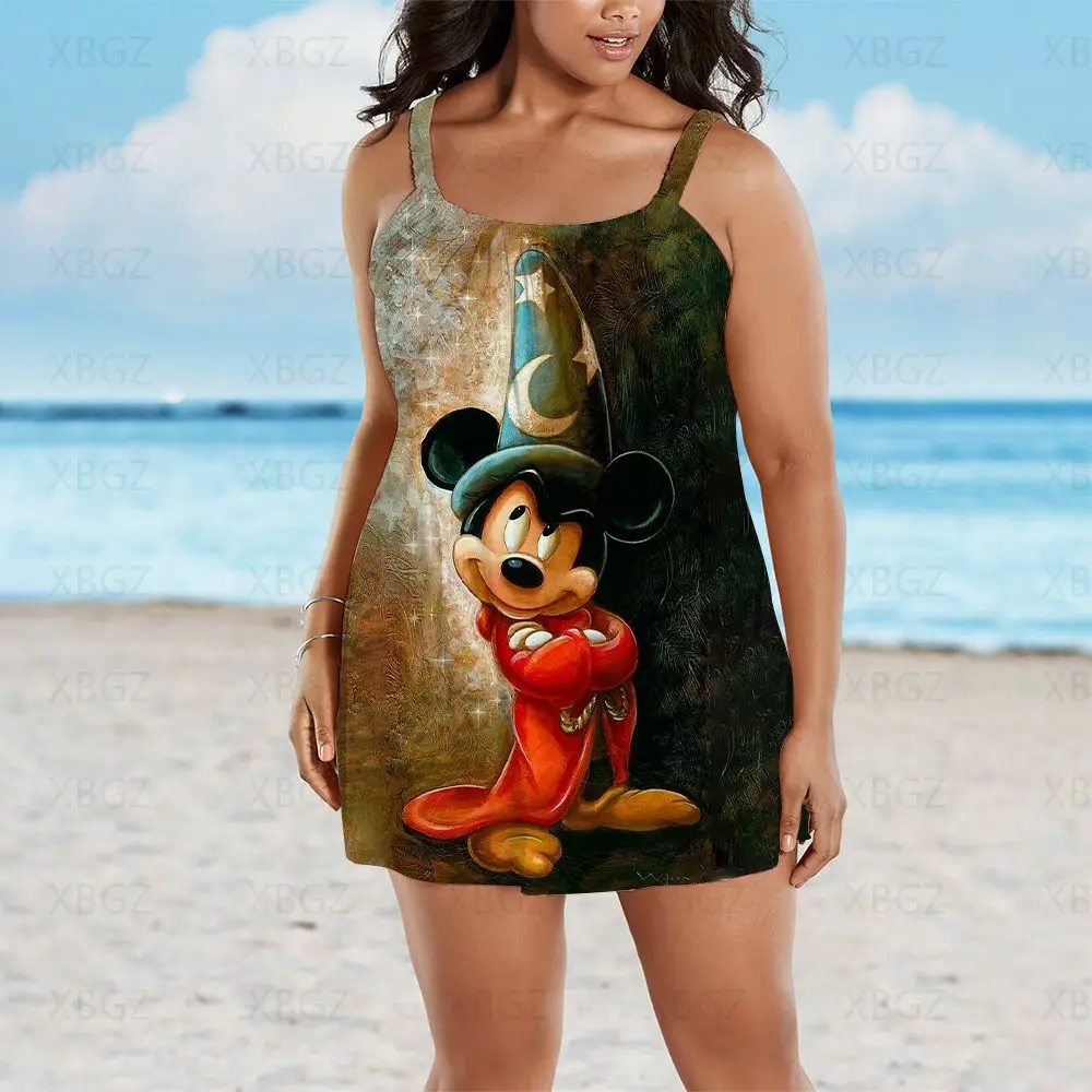 Gaun Musim Panas Wanita 2022 Pakaian Ukuran Plus Seksi Gaun Elegan Cantik Gambar Selempang Kartun Wanita Pantai Disney Tanpa Lengan Mickey Laris