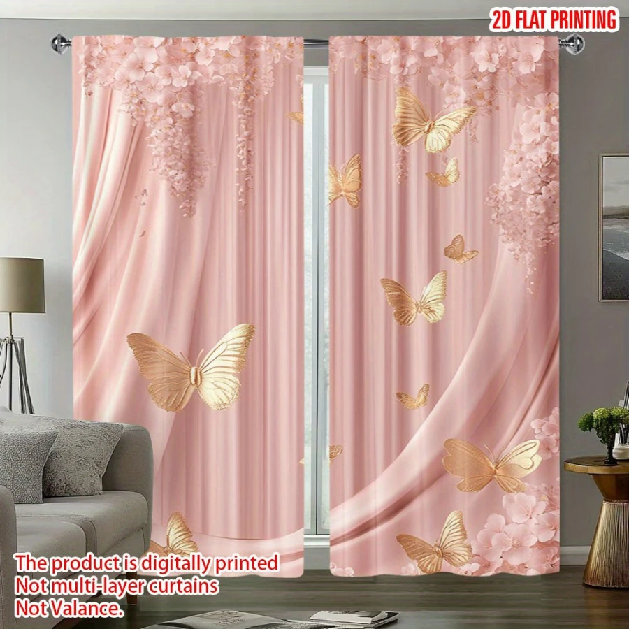 2 Panels Peach Gold Butterfly Digital Print Curtains, Elegant Floral Rod Pocket Drapes for Living Room Bedroom Home Decor