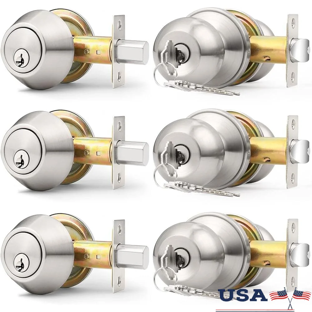 

Exterior Door Lock Set Deadbolt Knob 3 Pack Keyed Alike Entry Lock Adjustable Backset Home Security Stainless Steel