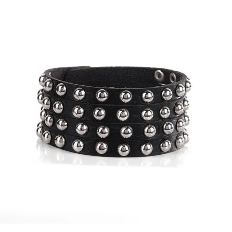 Gothic Delicate Round Rivet Black Leather Bracelets & Bangle Punk Bracelet for Women Men Statement Jewelry Party Accessories E51