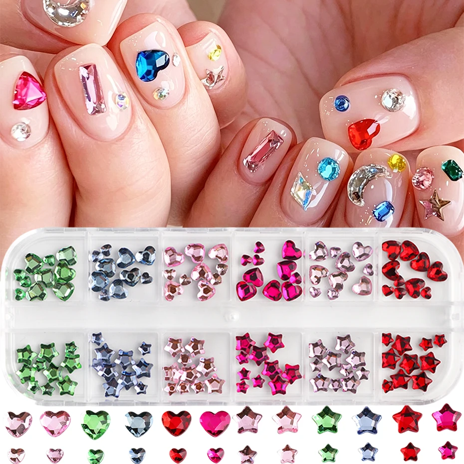 12 Grids Multi‑Color Flat Back Nail Rhinestones Mixed Size Love Heart & Star Shape Nail Charms Japanese Style Nail Decorations