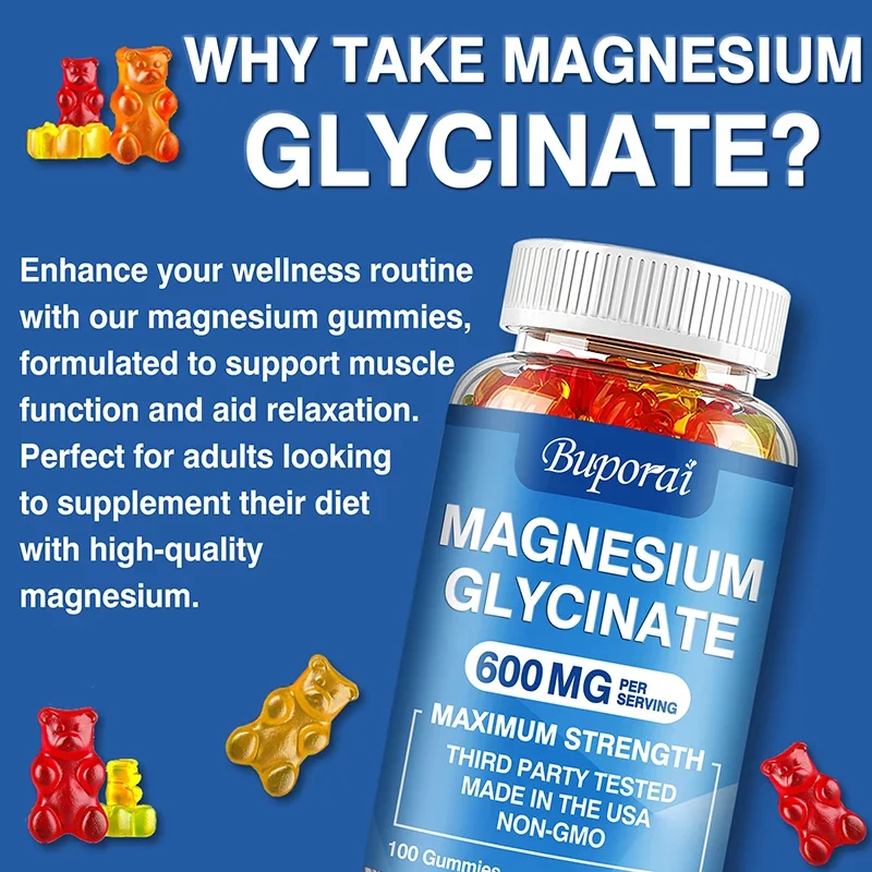 Magnesium Glycinate Gummies - Better Sleep Relax Nerves Good Mood Brain Health Muscle Recovery Strengthen Muscles and Bones