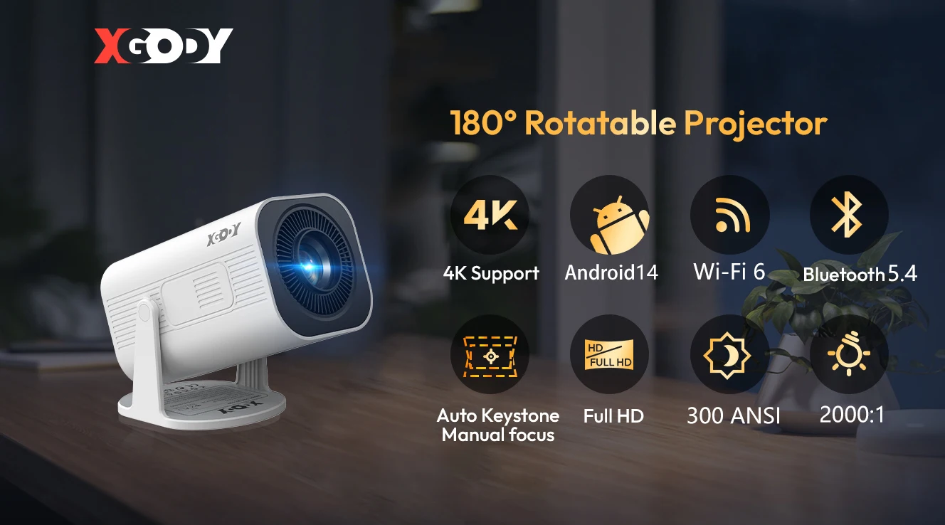 XGODY Gimbal 3 Pro Portable Projector, Native 720P 300 ANSI 4K Supported, Android 14 WiFi 6 BT 5.4, Vertical Auto Keystone Correction Wireless Mirroring, 20-120 Inch Camping Movie Gaming Projector with HDMI USB