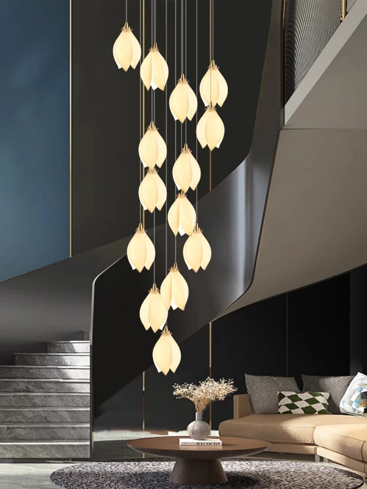 Ceramic Petals Staircase Pendant Light Modern Magnolia Lighting Fixture Art Designer Droplight Indoor Villa Loft Stair Chandelie