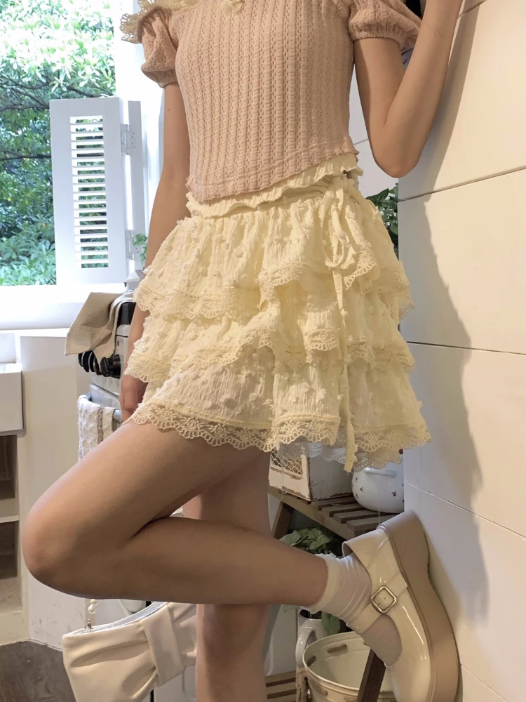 Kawaii Sweet Skirts Women 2024 Faldas Mujer De Moda High Waist Bandage Slim Summer Jupe Lace Ruffles Fashion Patchwork Y2k Skirt