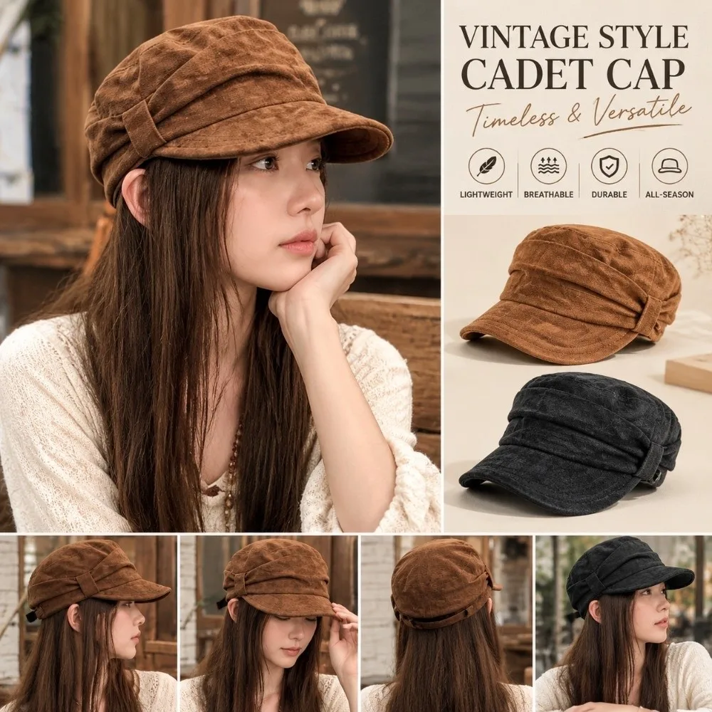 Warm Ruched Equestrian Hat Adjustable Inner Band Wind Resistant Octagonal Cap Crinkle Pleated Suede Japanese Minimalist Hat