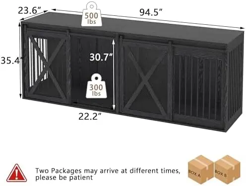 94.5 inch XXXL Double Dog Crate Furniture, Black | Dog Kennel Furniture for 2 Large Dogs, Wooden Dog Cage TV Stand