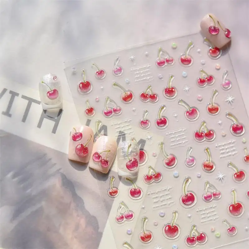 สติกเกอร์ติดเล็บลายเชอร์รี่สีแดงหวานๆ แบบนูน สำหรับสาวๆ ผู้หญิง สติกเกอร์ติดเล็บแบบลอกติดเอง ของขวัญตกแต่งเล็บสำหรับปีใหม่และคริสต์มาส
