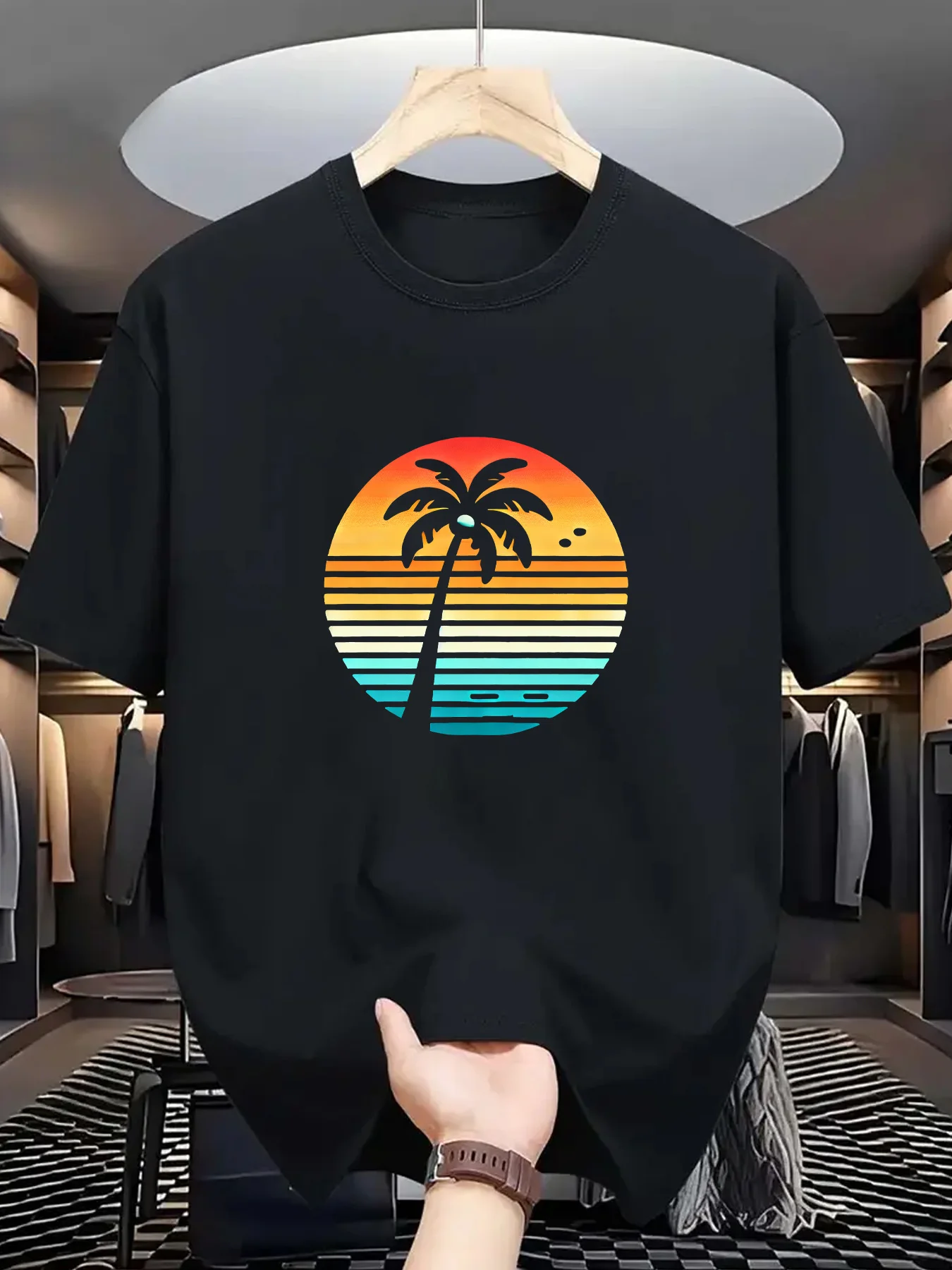 

Мужская и женская футболка из чистого хлопка с гавайским принтом и рукавами, тропический закат, дизайн пальмы, одежда для отдыха, рубашка в стиле ретро