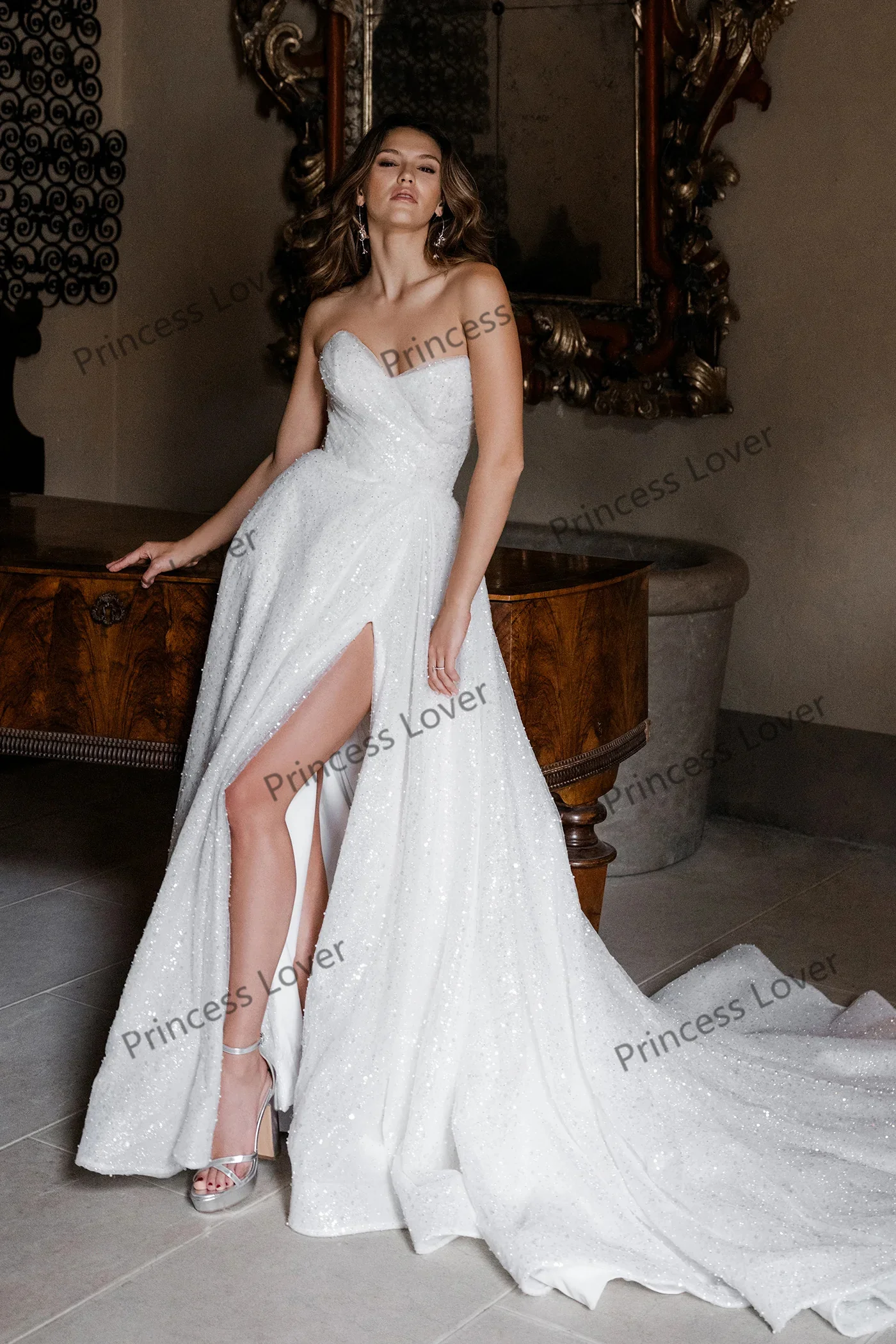 Glänzende glitzernde Brautkleider mit Schlitz 2025, Vestido de Novia, elegantes Hochzeitskleid, Empfangskleid, Vestidos, individuell gestaltet