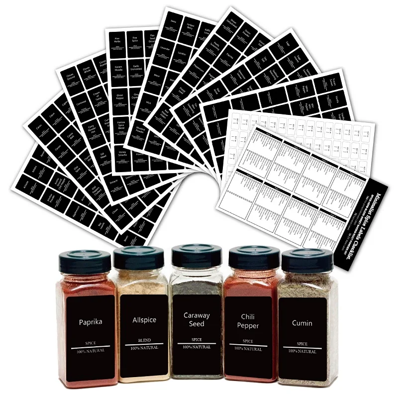 275PCS Spice Jar Storage Labels Black Waterproof And Oil-proof Stickers Kitchen Room Spice Jar Labels Kitchen Spice Jar Stickers