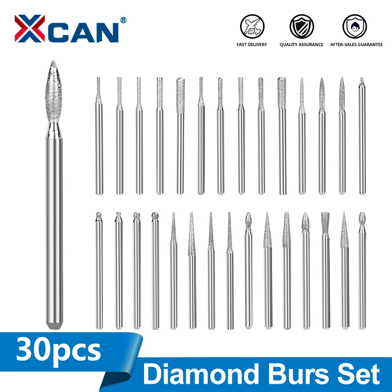 XCAN 30 Stück Mini-Diamantfräser mit 3 mm Schaft, Bohrer, Schleiffräser für Dremel-Rotationswerkzeuge, Holz- und Steingravur