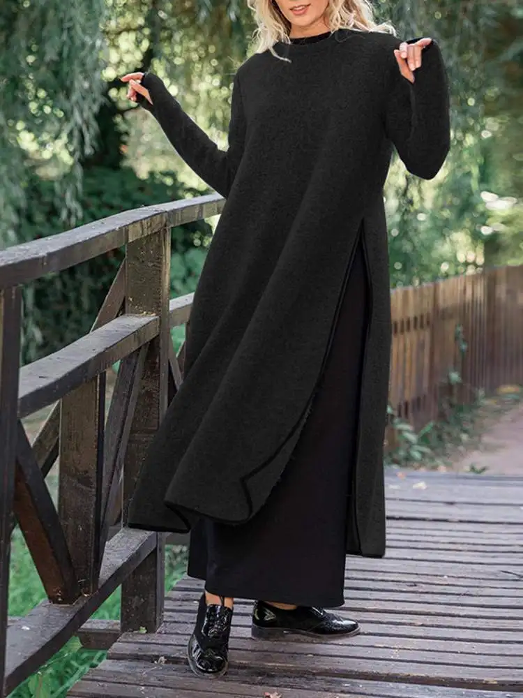 VONDA Autumn Long Dress Women 2024 Vintage Pullover Sweatshirt Vestidos Casual Thin Solid Color Split Loose Midi Robe Oversized