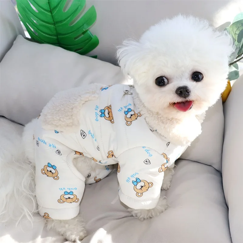 

Dog Four-legged Cotton Coat Warm Pet Clothes Winter Bichon Thickened Jumpsuit Clothes Full Print Bear Dog Clothes