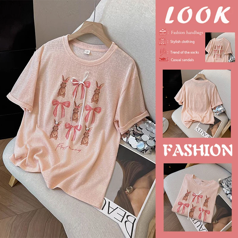 

Korean Style Cartoon Knot Short Sleeve Women's T-shirt Summer Casual Loose Top Breathable Sun Protection Long Short...