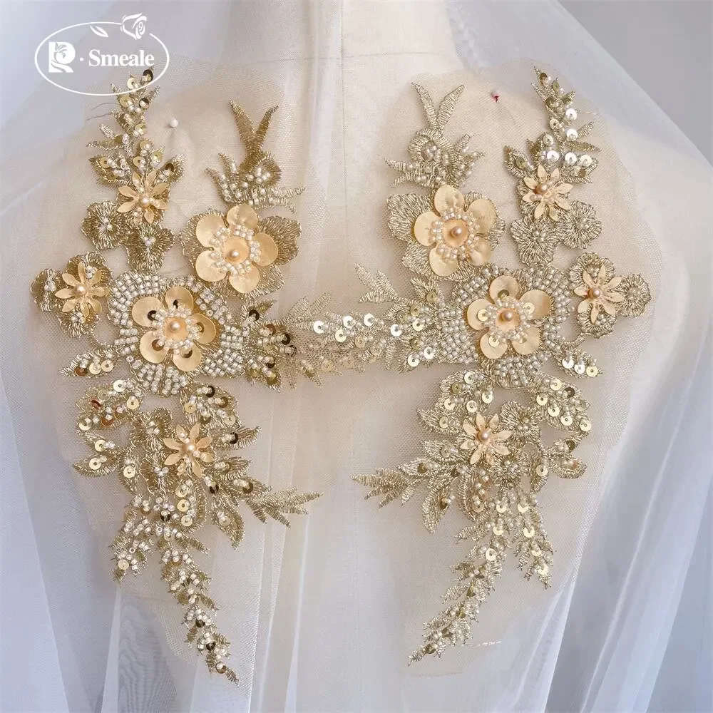 2 pièces/1 paire nouveau 12 couleurs paillettes Tube perle broderie dentelle Applique Hanfu chapeaux bricolage dentelle Patch avec fleurs en dentelle miroir