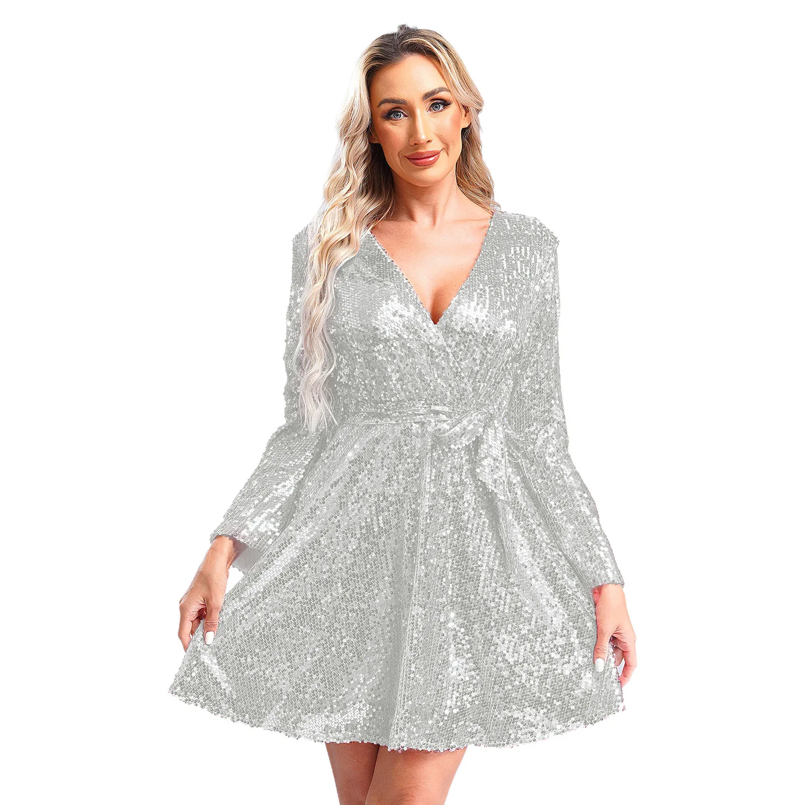 Vestido De mujer a la moda para discoteca, Vestido De Fiesta con cuello en V, vestidos De lentejuelas, Vestido De manga larga para cóctel, bata De noche