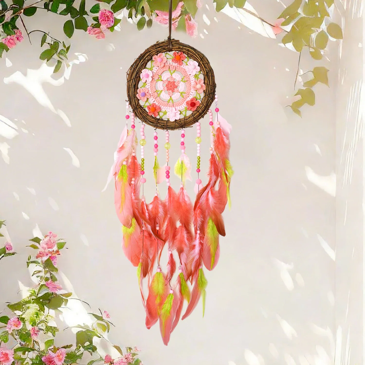 Bohemian Wreath Dream Catcher Crochet Flower Feather Wall Hanging Handmade Wind Chimes for Home Bedroom Wedding Decor Gifts