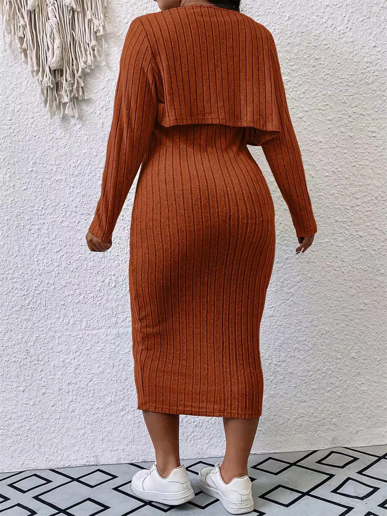 プラスサイズ レディース 2ピース リブニットスーツ 長袖カ - Ribbed Knit Sweater のレビューと価格