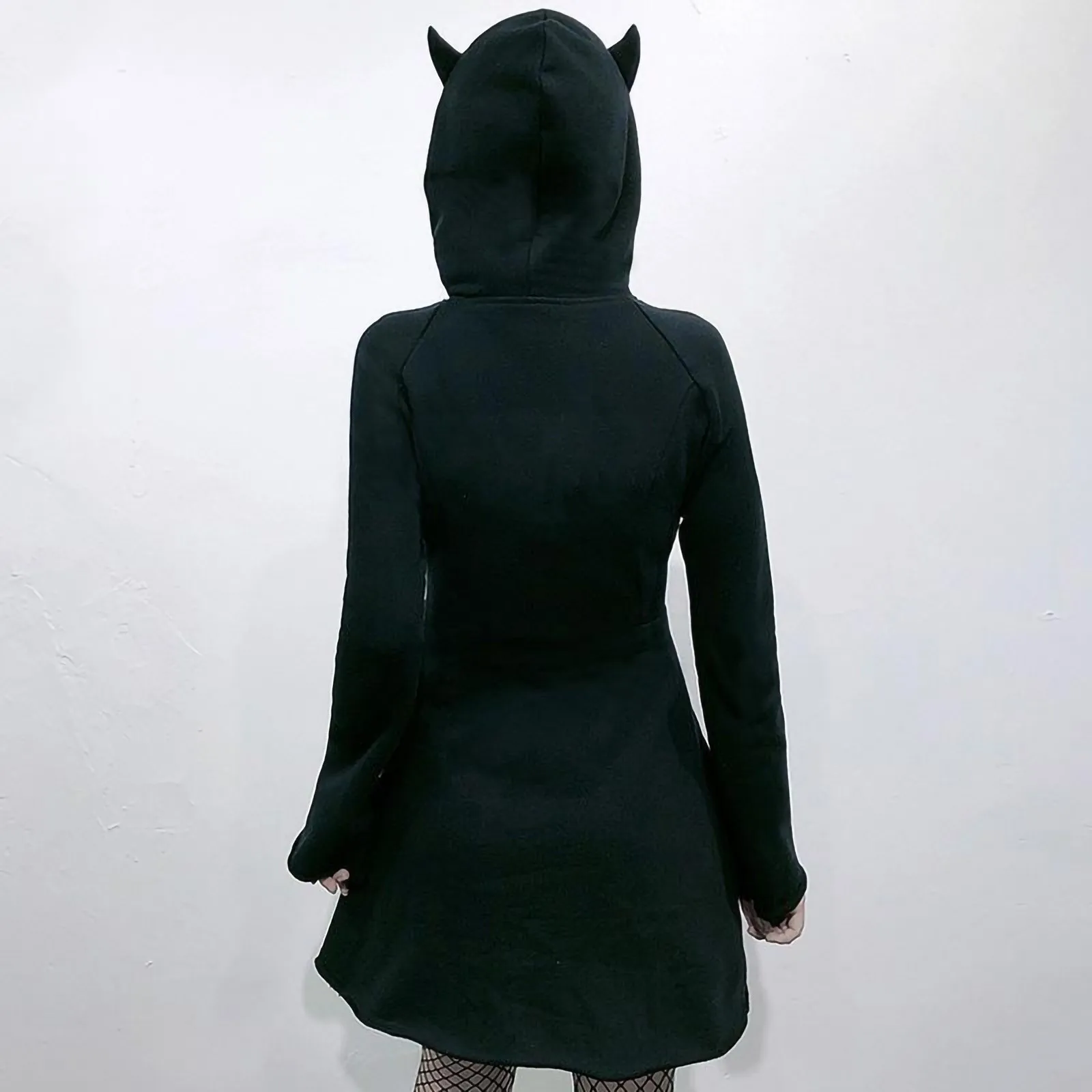 Y2k Vintage Hoodie For Women Goth Cat Ear Black Sweatshirt Solid Long Hoodie Dress Long Sleeve Slim Hoodie With Zipper Autumn