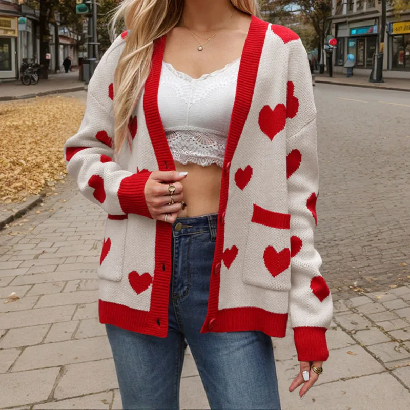 Women's Winter Casual Valentine's Day Love Print Knitted Cardigan Single Breasted Pocket V-Neck Loose Regular Jacket 2024 New