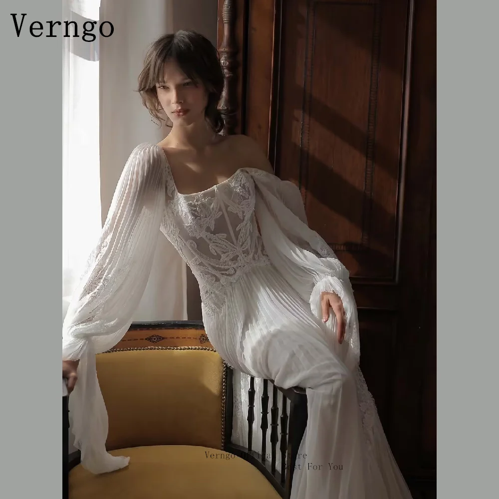 Verngo White Pleated Chiffon Wedding Dress Flare Bell Sleeve Embroidery Bodice Bohemian Bridal Gown Vestidos De Novia Customized