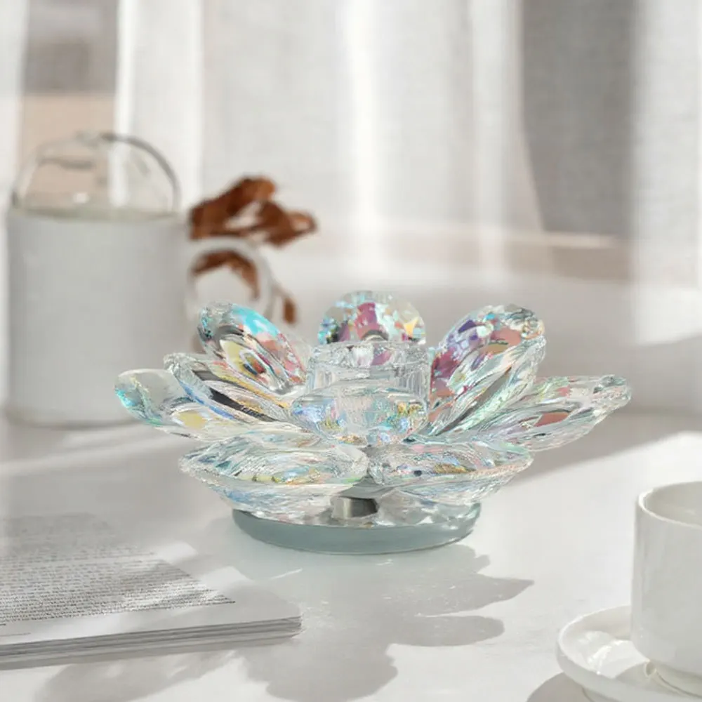 Cz crystal rotating lotus candle holder - decorative counter display, temple offering, for peace, protection, and good fortune