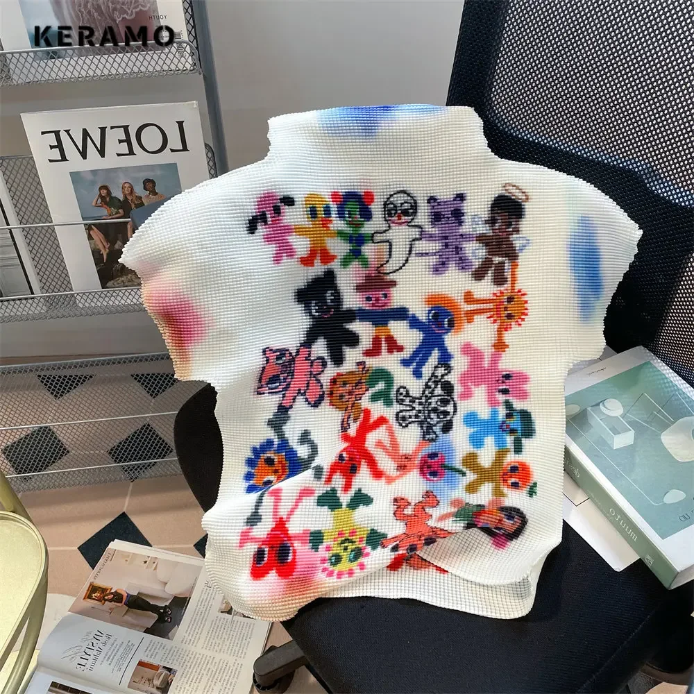 2024 Summer Korean Y2K Style Short Sleeve Knitting Sweater Top For Women Fashion Colorful Print Casual O-Neck Slim Fit Pullovers