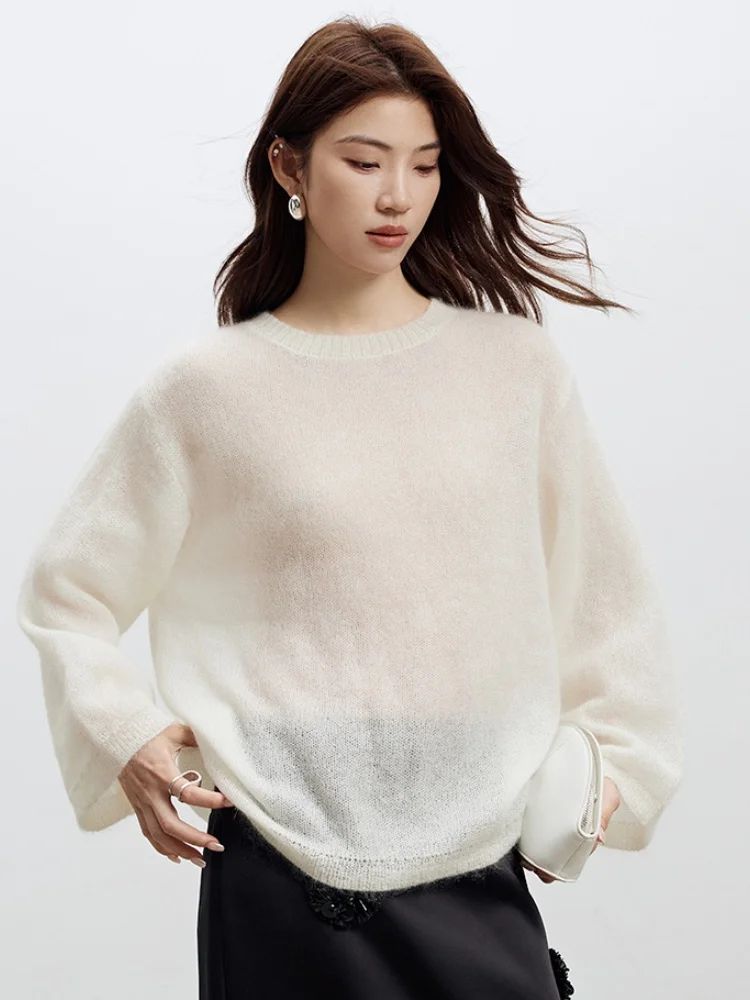 Birdtree 68.6% Wool Knited White Pink Sweater,Woman Wool Blend O-neck Full Sleeve 2025 Autumn Warmth Bottom Pullover T59413JF