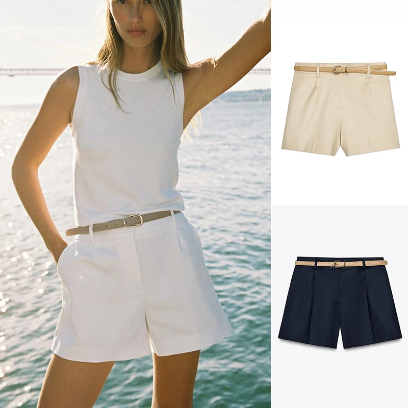 Nowe letnie damskie spodnie codzienne z paskiem, plisowane, do pracy, prosty krój, wygodne, z włókna poliestrowego.