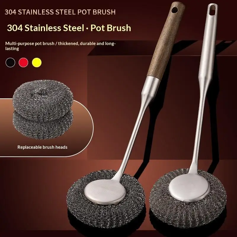 304 Stainless Steel Pot Brush With Replaceable Scrub Head Rust Resistant Handle For Kitchen Dish Pot Washing
