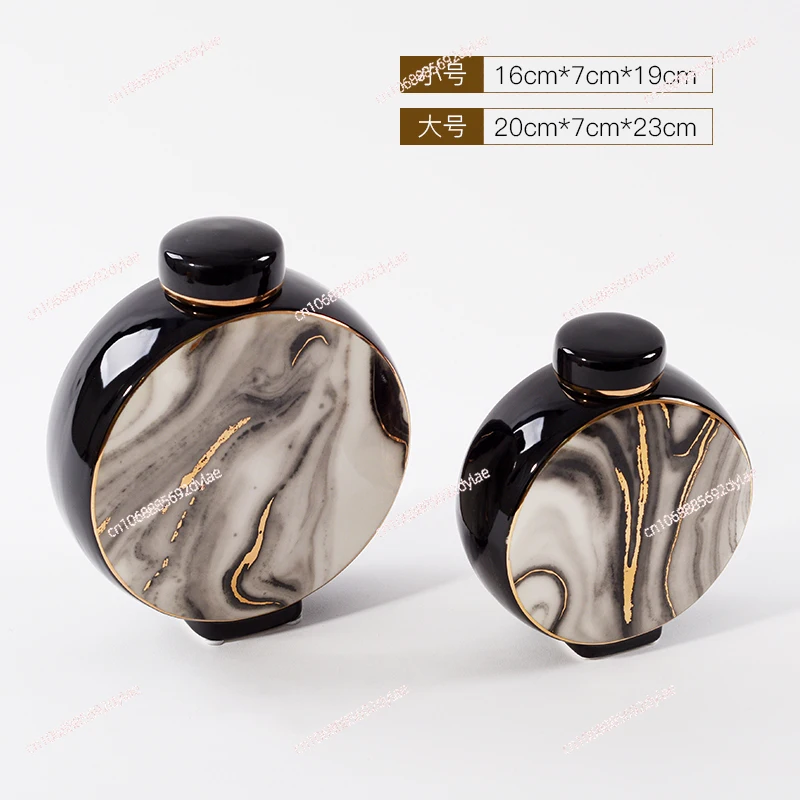 Modern Simple Marble Pattern Flat Ceramic Jar Ornament Chinese Soft Decoration Entrance Bogu Frame Living Room High-end Jewelry