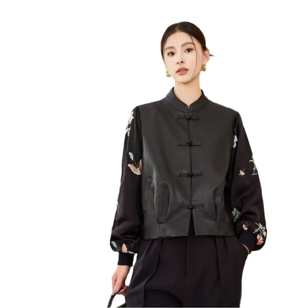 Women's Chinoiserie Spliced Leather Jacket Short Retro National Style Stand Collar Jacquard Disc Button Detail Outerwear