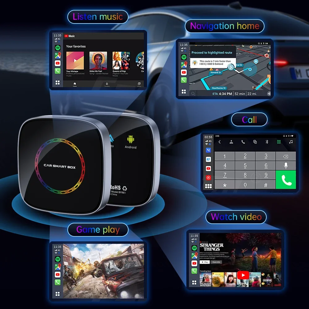 Fuallwin Android Car Play Ai Box 4+64G عرض الفيديو يوتيوب Netflix TikTok محول Carplay اللاسلكي لسيارة Iphone السلكية